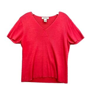 Alfani Knit Top Womens Large Coral Red Silk Ribbed V Neck Classic Preppy Winter